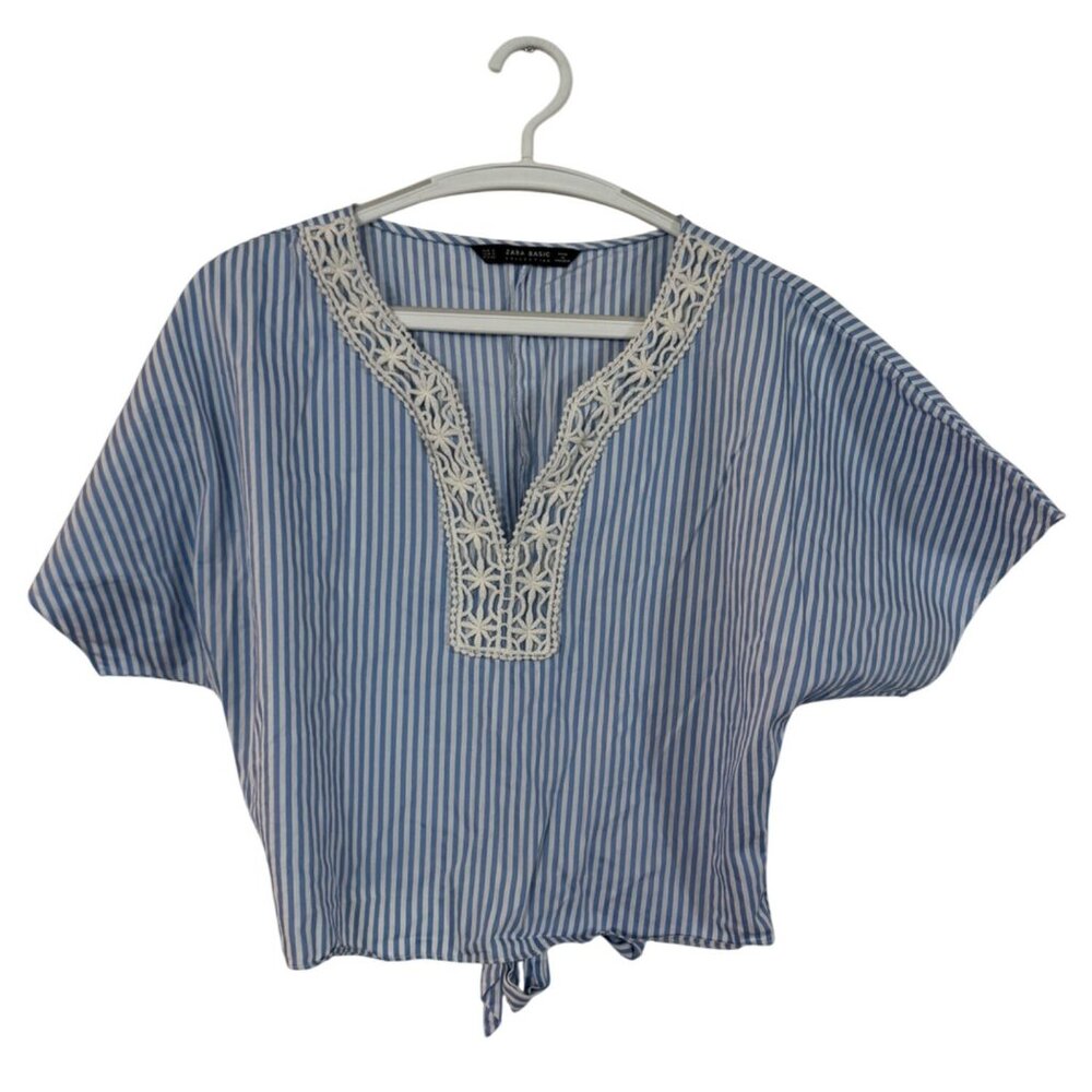 Zara Basic Womens Striped Tie-Front Top S Blue White Embroidered V-Neck Cotton B